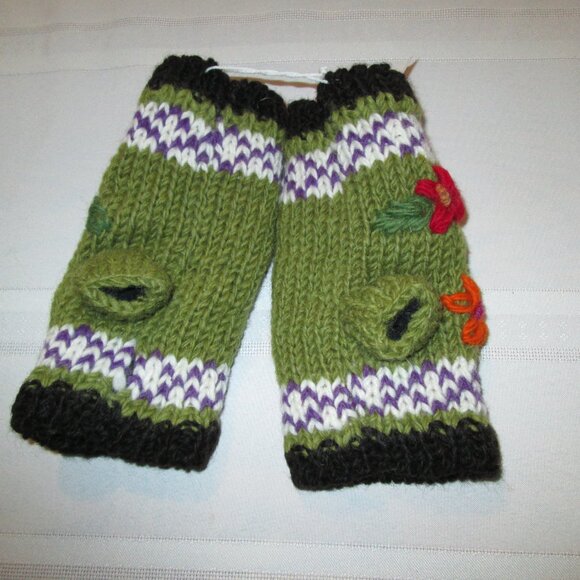 Handmade Embroidered Wool Fingerless Gloves – Made in Nepal - Picture 6 of 6